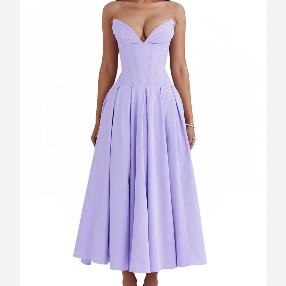 House of CB Lavender Strapless Corset Pleated Midi Dress - Picture 3 of 17
